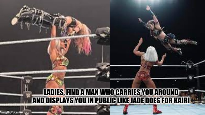 Jade and Kairi | LADIES, FIND A MAN WHO CARRIES YOU AROUND AND DISPLAYS YOU IN PUBLIC LIKE JADE DOES FOR KAIRI | image tagged in wwe,diva | made w/ Imgflip meme maker