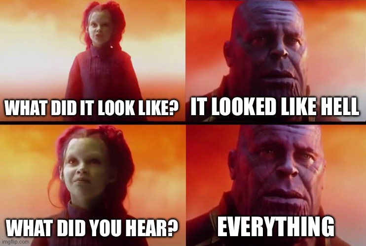 MAG 107 | WHAT DID IT LOOK LIKE? IT LOOKED LIKE HELL; WHAT DID YOU HEAR? EVERYTHING | image tagged in thanos what did it cost,the magnus archives,tma | made w/ Imgflip meme maker