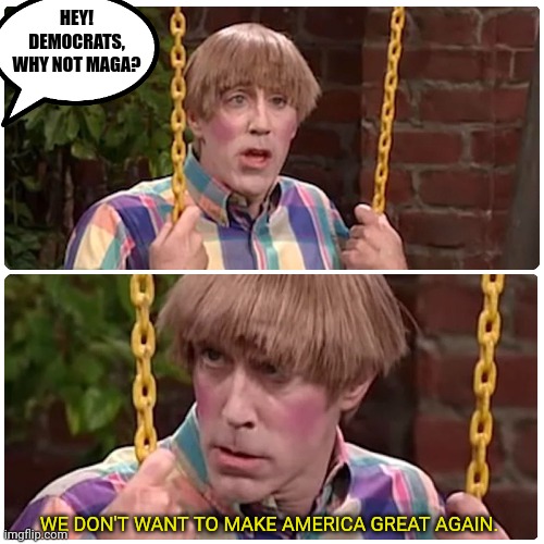 Destruction is their goal, bullshit is their game | HEY! DEMOCRATS, WHY NOT MAGA? WE DON'T WANT TO MAKE AMERICA GREAT AGAIN. | image tagged in mad tv,stewart,maga,leftists,democrats | made w/ Imgflip meme maker