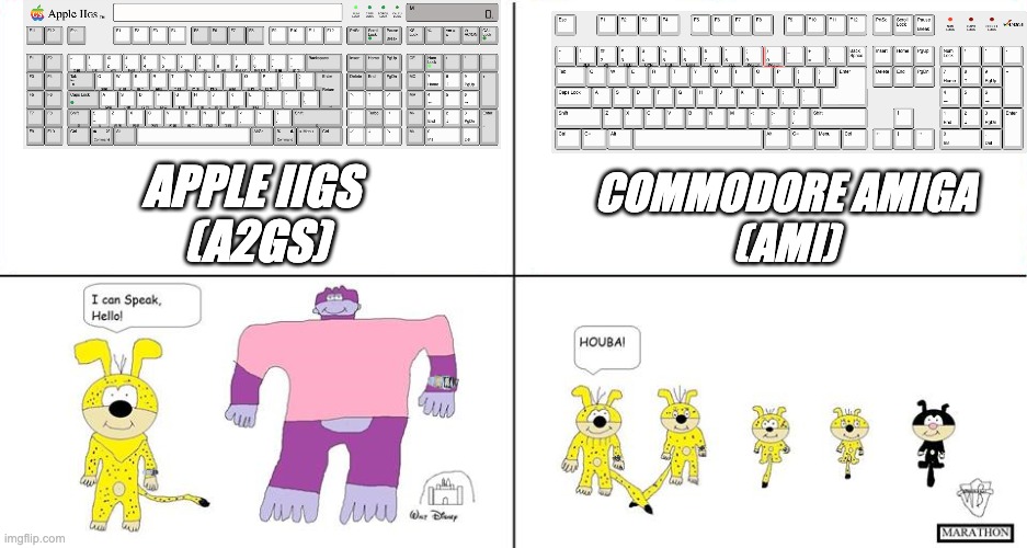 Apple IIGS vs Commodore Amiga | COMMODORE AMIGA
(AMI); APPLE IIGS
 (A2GS) | image tagged in disney version vs marathon version | made w/ Imgflip meme maker