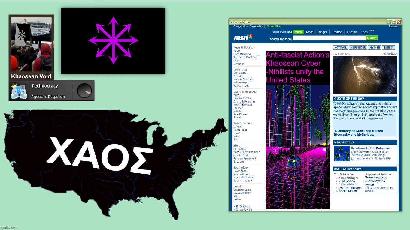HoI4 TotA Khaosean Temple's Khaos (United States) | Hello From the Wired: An Introduction to Cyber-Nihilism
What is the Wired?

You probably didn’t expect today to be speaking to a cyborg. You probably also didn’t expect to find out that you too are a cyborg. We are all cyborgs, though we may often confuse ourselves with our meatspace representations. I am the meatspace representation – or perhaps you could say a representative – of another me that exists in the Wired. My spoken name is “nyx”; my Wired name can be made in many ways, as “01101110 00110001 01111000” in the native tongue, which is commonly translated into ASCII codes as “110 49 120”, and appears to you in the Wired as “n1x”. But we will here stick to our meatspace tongue and call me “nyx”.

Each of us is a cyborg, strictly-speaking. In the most subtle of ways, we are melded together with an abstract, self-replicating, highly alienated matrix of networked systems and the code that pumps through their wires. The most obvious, yet also least obvious, instance of this is the relationship between our Wired self and our meatspace representative – our social media profiles, most commonly, versus the sensuous foundation that those profiles are built on. Tempting as it is to conflate the two, we must remember that we are not our social media profiles, which is where our cyborg-being is here both most obvious and most subtle. Our meatspace representative may resemble our Wired self in every way imaginable, but we must remember that this is only because meatspace is a virtualization of the Wired whose blanks can be filled in by minds eager to reconcile the difference between the two and dissipate any disparities between the two. The fact is that our meatspace representatives are not our Wired selves; the two, rather, are copies without an original.

Our meatspace representative correlates to the wires that make up the Wired. They are a necessary, but not sufficient, condition for the existence of the Wired. A Wired without wires is not wired at all, after all. The same can be said of our meatspace representative; the meat, without a vast neural network interfacing with the meat and interpreting the raw data it collects, is nothing more than meat. The Wired came to life from a prime mover, from the first two systems that were networked together, and at that point effectively gaining the idea, though not the actualization, of autonomy.

Today, the Wired doesn’t yet have autonomy. It is commonly conflated with the Internet, which is anything but autonomous. The Internet, rather, is the gentrification of the Wired, and your social media profile is the gentrification of your Wired self that your meatspace representative has built.

As far as the Wired is concerned, Google is no more a member of it than an ephemeral, temporary autonomous meshnet setup during an insurrection for radicals to communicate securely over. The Internet, on the other hand, relies on Google’s infrastructure for various services, network hops, and sheer content. The Wired can exist as long as there are two systems communicating on a local network with no public routing. The Internet, however, can be brought to its knees by DDoS attack against a DNS provider, as some of you may know happened just about a month ago.

Though the Internet’s meatspace representatives have more meatspace power in the form of mythical currencies and narratives, what its meatspace representatives don’t know is that they are in fact merely representatives. The Internet exceeds them. In various ways, meatspace increasingly relies on the Wired as a whole to prop itself up as the Wired weighs it down.

As we scramble to make meatspace compatible with the Wired, we find that there are no Wired solutions for meatspace problems. Meatspace is stubborn and self-contained, its own existence already won and self-replicated. It cannot accept an overlap between its world and another. It reacts violently and self-destructively. By its own logic, it starts to eat itself alive in the hope that it will destroy enough of itself to stop the pure negation of itself towards a new possible world built from the pure negation of existent meatspace towards the potential actualization of the Wired.

The collision of meatspace and the Wired is a collision of two self-sufficient, highly mediated, highly complicated systems. Our meatspace representation is merely a mode of meatspace; wholly individual and discrete, yet nonetheless the part of a greater whole. Our Wired self, however, is a subject of the Wired. Our Wired self makes the Wired real. Between the two is the Internet, the social media profile – an attempt at virtualizing meatspace into the Wired, using hierarchical apparatuses whose ulterior motives are to rip ourselves away from our meatspace representative into a virtual space where we have the discreteness of our meatspace representative, but only the semblance of a connection to a greater whole. Let us call this “meta-meatspace”

In reality, the Internet with the coming of Web 3.0 is nothing more than a vast network of prison cells whose walls are covered in monitors. It is a constantly shifting corporate walled garden.
In Search of an Anarchist Wired: Primitivism, Transhumanism, Anti-Humanism, Humanism, Meatspace, and Meta-Meatspace

The question concerning anarchy and technology is by no means an insignificant one. As the Wired and meatspace continue to stuggle for domination, we find that meatspace is losing this battle. Its death has long been pronounced by various environmentalists and green anarchists, most notably in the green nihilism of Desert a few years ago. This year alone, however, two milestones were reached: A particularly poetic actualization of this occurred with the “death” of the Great Barrier Reef, and the sobering actualization of surpassing the 400 parts-per-million carbon dioxide tipping point where the human race could hope to remove these excess gases. I will not pretend that the Wired isn’t anymore vicious and tyrannical than meatspace. The two will fight to the death to assert their own existence, and meta-meatspace is unknowingly aiding in the triumph of the Wired over meatspace. Naturally, meta-meatspace cannot withstand this. The vast corporate and State infrastructure that the backbone of the Internet extends over will collapse given sufficient environmental catastrophe and geopolitical unrest. All it takes is a few crucial points in a highly centralized, hierarchical, and therefore retrograded system like the Internet collapsing for the whole system and all its content to likewise collapse. Thousands of Libraries of Alexandria would burn.

It’s not only in the physical battle between meatspace and the Wired that we see areas of interests for anarchists, however. Would-be agents of domestic, authoritarian State violence have recently gained not only visibility, but popular support in the form of Donald Trump’s presidency, through the Internet. The rise of the alt-right (and its cousin, neo-reaction) has been traced concisely and excellently by the author of “The Silicon Ideology”, writing under the pseudonym Josephine Armistead. Where once fascist movements gained traction through electoral party politics, the alt-right’s rise is significant for being far more grassroots than previous fascist movements. Though neo-Nazis have long been a presence in the West – and mostly, at worst, a local threat to marginalized groups – this new breed of fascism grew on the cutting-edge of youth culture. Though the Internet is the heart of the gentrified Wired, it is a testament to the nature of the Wired that even there it is possible to carve out dense spaces of autonomy (so long as they remain non-radical) where capitalism for once struggles to commodify trends. Yet as fast as youth culture moves on the Internet, fascist astroturfers originating from Stormfront were able to more or less conquer the once chaotic – possibly anarchic – 4chan and transvalue its memes. Where once conservatism was the butt of many jokes on 4chan, today it is more or less taken for granted that people who use imageboards are this new breed of young, prematurely-retrograded bootlicker that we now know as the alt-right. And while research into memetic warfare and meme magic are still in the embryonic stages, it’s debatable that if the alt-right did not succeed in a kind of guerrilla campaign to shift the vote towards Donald Trump, then nevertheless his victory has galvanized the alt-right into an unfortunately, unbelievably real political stance. More relevant, arguably, than the traditional targets of Anti-Fascism – though this isn’t to say that neo-Nazis are no less deserving of a good old fashioned beating wherever and whenever they should rear their bald heads.

It is not only around our physical world and the movement of culture, however, that the Wired has become a major focus. The all-encompassing control of both in the form of capitalism has reached the end of its life. This is not a utopian prediction or an optimistic yearning, but a statement of simple truths. This past year, we saw the largest general strike in history happen in India: 150 million bona-fide industrial proletarians took to the streets in September to exercise their inherent class interest towards the living standards fought for in the West that lead to the outsourcing of industrial production to the East. Monsieur DuPont’s Nihilist Communism already predicted this natural progression of capitalism. The inherent conflict between the proletariat’s class interests versus their class function makes it such that they will continue to push for better wages, whether they know it or not, and when this is done by the real, industrial proletariat on whom capitalism relies in order to function, profits increasingly become diminished. Once profits become impossible, capitalism will be faced with either a crisis, or a major qualitative change. If history has shown us anything, however, it is that capitalism will use technology when possible to supplement aging human-centered exploitation, but keep the ex-proletariat around as precariat workers. Capitalism has many ways of keeping us busy doing useless work, and this is necessary in order that we neither violate the puritanical work ethic of capitalism which demands that we earn everything we need or want, nor that we stop consuming and stop perpetuating its mindless cycle of capital and commodities. What this means, in other words, is that there is a coming automation revolution which will finally put an end to the 19th century models of anti-capitalist resistance. General strikes will become a thing of the past when the only workers left are non-essential minimum wage precariat workers.

What this also means, however, is that technology is the centre around which capitalism, autonomy, and the planet will be fought against or fought for. Automating the means of production will require networked systems running software – each of which is exploitable and truly knows nothing of consciousness-raising politics. The Internet, and more importantly the Wired, is a new space for radical movements to grow and gain influence, and thus also a space under attack by State repression. Most complicated of all out of these three topics, however, is the environment. Which is where I will therefore begin in talking about the question concerning technology and anarchy.

Though the divide can be extended elsewhere, in a general sense anarchists have approached environmental questions either from a humanist or an anti-humanist standpoint, which originates in more fundamental metaphysical characteristics of the two sides of the debate and that therefore inform their overall positions in other ways.

The three core questions for green anarchy I define as:

How are we going to save Nature?

Why does Nature matter to us?

What is Nature to us?

Setting aside any preconceived notions we may have about what “anti-humanism” means for the moment, I would first associate the anti-humanist, pre-Enlightenment strain of green anarchism with primitivism. It isn’t hard from the most superficial – and somewhat inaccurate – of perspectives to see why it might make sense to associate primitivism with anti-humanism, considering that most primitivists seem to readily assert that their programme would require the majority of the population dying out. But in other, more relevant ways, primitivism has a deeply anti-human strain to it – and yet, an extremely pro-human strain.

By now I’ve probably created some confusion. Primitivism is anti-human in the sense that it places anarchy in conversation with Nature where Nature occupies the most prominent position. Nature is more or less the central point around which primitivism has formed, insofar as primitivism more than any other strain of anarchism demands that Nature be given its fullest expression and autonomy (in the form of wildness). Our relationship with Nature for primitivists is a subordinated one where any general idea of the ideological, Enlightenment character “Man” is nonexistent; civilization is to be destroyed, and collectivism renounced as fully as possible. In contrast to this, primitivists embrace a concept of Nature that borders almost on a religious, pagan worship of it – especially so when spiritualism takes precedence over anthropology in their writings, and to their credit it’s a far more consistent position to take. This to the extent that – as Ted Kaczynski himself criticized them for in “The Truth About Primitive Life: A Critique of Anarchoprimitivism – primitivists seem to have Garden of Eden type of mythology informing their thought. Work is minimal, resources are plentiful, and strife and domination are mostly nonexistent.

Yet while primitivism on the one hand subordinates humans before Nature, it at the same time claims in many ways to elevate humans through their experience with Nature to a place that is more fully human. Aside from their discursive – and spurious – claims about how great primitive life was, their metaphysical position which draws from phenomenology aims to present themselves as those who most understand how to best live as a human being. Their emphasis on an authentic being-in-the-world with Nature at once is an attack on what they perceive to be alienating elements of civilization in favor of a more authentic core of subjective experience, yet also losing oneself to an ecological system far greater than oneself. What this means is that primitivists construct an essentialist metaphysics with an ahistorical, core human subjectivity or “wildness” under attack by alienating, artificial systems which threaten the ecological system that this core human subject must subordinate itself before in order to more fully become itself. In becoming itself, the human subject in a sense becomes something of a pagan god: A radically individual being hooked into the ecological matrix, engaging in a battle of might against every other radical individual, all discursive thought lost in favor of an affective, instinctual experience of Nature.

It is important to here note that primitivists, in their rejection of alienation and civilization, also summarily reject technology. The same basic critique of alienation from an essential core individual applies here to technology, but it is most visceral perhaps in the primitivist critique of intricate systems which no single person can fully take account of. As they love to say, “there are no technology solutions to technology problems”; technology is not only an alienating influence, but a self-perpetuating one. Visions of Matrix-like dystopias begin to form as they argue that technology is something that will go out of control for us.

So, returning to the three questions I’ve presented for green anarchy: 1). For primitivists, Nature will be saved by destroying civilization entirely. There can be no compromise between the two. 2). Nature matters to us because we can only have an authentic, autonomous subjective lived experience by living in accordance with Nature. This, you could say, is in fact our essential nature: To be-in-the-world with the natural world, both radically individual and yet also nonexistent as an individual before Gaia. 3). Nature to primitivists is wildness, how things are without any alienated and artificial influence getting in the way of the default state of things.

The cyber-nihilist critique of primitivism based on the analysis I’ve laid out, as it hinges on these three points, is that “Nature” in the primitivist understanding of it will not be saved, but that Nature in another understanding cannot be saved because it cannot be ever under threat. Practically-speaking, as has already been discussed: There is no hope to save this planet, not even if a primitivist revolution happened tomorrow. But more theoretically, the first positive position that I will put forward for cyber-nihilism (to whatever extent nihilism can make positive claims about anything) is that any understanding of Nature – either of a general Gaia-type Nature, or of our own nature as homo-sapiens – is insufficient if it is static. Nature is merely the default state of things, something which always changes drastically yet is always essentially the same. Nature was not always green, yet it was still Nature, and we homo-sapiens were not put on this planet by something outside of the same system as Nature. Nature may tomorrow be gray rather than green.

The cyber-nihilist critique of primitivism on the point of technology is related in the sense that a cyber-nihilist not only doesn’t care that technology is alienating, but it welcomes the alienation and self-perpetuating power of technology. Let ourselves be alienated from any essential human being; if such a thing ever existed, it is long gone. There is no human nature, whether that be a natural state of “wildness”, or killing each other if there’s no State, or cooperating perfectly in mutual aid in an anarcho-communist society, or whatever. Cyber-nihilists reject all essentialism and are viciously misanthropic, and therefore we also fully support the proliferation of technology. Let it cover the Earth’s surface until there is nothing that is not a part of the Wired, let Nature complete its next metamorphosis into something more sublime than anything to exist yet. If we cannot live in this new world, we will not lose sentient beings, but merely homo-sapiens. Cyber-nihilists are not prejudiced and will not stop the timely destruction of this world because of idealistic attachments to a particular morphology of sentient beings.

But that forms a nice segue into the other side of the debate on green anarchy. It may be said that anarchists have always, long before primitivists, had the environment in mind as a concern for anarchists. As opposed to primitivists, however, the other side of this debate – the humanist side, or what I’ll generally call “techie anarchists” – answers the first of my three questions by refusing to subordinate themselves before Nature. Techie anarchists want to make civilization compatible with Nature, and this I argue starts with discussing their humanism.

If primitivists are a pre-Enlightenment anti-humanism where the human being is subordinated through something greater than itself – in the process, becoming more than it could be on its own and becoming a radically individualistic, wild pagan god – humanism subordinates what is not human in favor of what is called human. I say what is “called” human, because anti-Enlightenment philosophers have often criticized humanism for constructing an ideological character commonly referred to as “Man” which represents whatever traits are considered by a ruling class to be acceptable. Thus Man is obviously a patriarchal concept, but also a heteronormative, Eurocentric one – at least, in its bourgeois, liberal usage. The same basic humanist logic has also been used by socialists and classical anarchists – liberalism par excellence – with the same basic problems and some unique to humanism.

A key difference between anarcho-transhumanists and primitivists is that while the general anti-humanist concept of human nature correlates to individual subjective experience, the humanist concept of human nature is historical. While no less unfounded or lazy, radicals can create a new Man, a liberatory version of it where humans are essentially cooperative. But the humanist metaphysics is also more flexible and can be applied to individual experience in the form of Selfhood. A ruling class can define a general theory of how humans are, but individuals can also (usually within those limits) define their own concept of Selfhood (certainly in no small thanks to language). These two features of humanist metaphysics carry over into anarcho-transhumanism in the general sense of @-H+’s emphasis on discursive reason, and its emphasis on morphological freedom.

Rationality → Science → Selfhood → Morphological freedom

One cannot scarcely read something by anarcho-transhumanists without being assaulted with terms like “rationality”, “reason”, and “logic”. For anarcho-transhumanists, a major source of inspiration and history for them is the discipline of science. They claim that science is essentially anarchic, and that scientific inquiry into the root of things is an essentially radical activity. They often stop just short of claiming not only these things, but that rationality and doing science are essentially human activities, as well. This directly relates to my three questions on green anarchy, because their first answer is that saving Nature involves doing science. Doing science for anarcho-transhumanists appeals to our essential curiosity and desire to uncover the root of things, and is how we simultaneously save Nature and become ourselves. It is the collective effort of individual homo-sapiens in service of Man (once better known by the name “God”) through the motion of civilization. Man becomes the steward of Nature, a decider God. This of course is a mirror to the primitivist claims that an affective, authentic relationship with Nature which necessarily involves tearing down civilization is how we simultaneously save Nature and become ourselves. Individuals here become part of the greater whole of Nature, becoming wild pagan gods.

For primitivists, the story ends here more or less. To become part of an authentic experience with Nature is how we become ourselves, because such questions of the Self are pretty irrelevant in light of all the Ego’s gains. For anarcho-transhumanists, however, part of becoming ourselves through science involves gaining morphological freedom – the “right”, as it is sometimes disconcertingly described as, to change our physical form. Just as there is an essential Man augmenting its categories through scientific inquiry, there is an essential Self augmenting itself through implants. The logic is the same, but at a superficially-individualistic level. Anarcho-transhumanism is still, for better or worse, a collectivist anarchism, but its humanist elements carry with them concepts of Selfhood that further alienate us from any core individual, i.e. a Stirnerite Ego.

Both becoming ourselves as Selfves and as a collective Man for anarcho-transhumanists, furthermore, requires technology. Primitivists have nothing to do with technology. They want to destroy civilization and technology, and criticize technology for being an alienating apparatus of civilization that can’t be accounted for and it dangerous and self-perpetuating. For anarcho-transhumanists, technology has liberatory potential, but it depends on who is wielding it. They claim that a free society would be able to use technology to further their ends towards Man becoming itself and the Self becoming itself, and saving Nature, and that technology is already used for liberatory ends. They seem to take for granted that there are vast systems – Nature very much included here – that we cannot take account of fully, but think that understanding the root of things is all that really counts.

For anarcho-transhumanists, their answers to the three questions for green anarchy are: 1). Anarcho-transhumanists will save Nature by understanding it through scientific analysis and actualizing this through a free civilization wielding technology. Furthermore, 2). Anarcho-transhumanists care about Nature because it is something that we exist as a part of and need to maintain for our own survival, and 3). For anarcho-transhumanists, “Nature” is a distinct set of root concepts about the physical world, i.e. Laws of physics.

Though @-H+ doesn’t reject technology like primitivists do, question 1 is similarly tied into technology insofar as technology is an axis around which the actualization of both anarchist tendencies will come about. For primitivists, destroying technology will destroy civilization (civilization cannot function without mass automation); for transhumanists, technology’s proliferation will enable the opposite. Though scientific inquiry is supposed to form the theoretical basis for their programme, technology is what will actualize it. New green technologies are required in order to create a more sustainable civilization as well as repair the damage that has already been done, and technology is what ultimately must be used towards achieving morphological freedom.

Cyber-nihilism is not wholly aligned with anarcho-transhumanism, though it may seem that way superficially. William Gillis’ critique of nihilism shows that anarcho-transhumanists, true to their humanist bent, rely on Enlightenment discursive reason, and thus progressivism, even a kind of optimism. Cyber-nihilists share the “cyber-” side of anarcho-transhumanism insofar as we support accelerating the proliferation of technology, but against anarcho-transhumanism, cyber-nihilism rejects the humanist core and the Enlightenment heritage of @-H+. Cyber-nihilism does not care about scientific inquiry. A cyber-nihilist only gets to the root of things to pull those roots up. There is no progressive narrative for us, and we don’t see to establish any kind of natural state of being for homo-sapiens. Cyber-nihilists reject the monotheistic humanist narrative of @-H+, because we recognize that there is no essential human core that needs to be augmented. We do not need to advocate for morphological freedom; we assert that morphological freedom is already the rule for the creative nothing that is at the core of sentient beings. Our subjectivity does not have a clear boundary with the outside world. Rather, it creeps through the network of Being – it lives a double life in meatspace and in the Wired, and sees no problems with this. It is constantly in a state of flux, much like Nature, though it is always essentially the same.

Against the humanism of anarcho-transhumanism and the anti-humanism of primitivism, cyber-nihilism insists on post-humanism. We do not seek to save Nature, because Nature does not need saving, and cannot be preserved in its present form no matter how much we like it. Nature does not matter to us either as a thing to be worshiped or to be used; it is, rather, a hostile and wholly inhuman thing, and because of this we both have an affinity for it and an enmity towards it. We do not seek to tame it, or to save it, but to accelerate its metamorphosis into a gray, metallic form. We therefore recognize that Nature is not a fixed set of characteristics that must all be present in order to say that it exists and is safe. Nature is the default, and cyber-nihilists seek to accelerate the default towards an eldritch bio-mechanical landscape.

Cyber-nihilists reject all forms of essentialism and individualism, but consequently we also reject collectivism, as a collective cannot exist without individuals. We reject universalizing one’s experiences to suit a narrative, and we reject fixing our experiences into personal narratives. We reject Selfhood as a spook playing at the creative nothing, and thus also reject the creative nothing as something for which there is no tangible thing to grasp. Cyber-nihilism is post-humanist in the sense therefore that it rejects all boundaries to subjectivity. The world is saturated in subjectivity, an immensely complex and alienated system that sentient beings at once command and are subsumed into.

Towards these positions, cyber-nihilism seeks to accelerate the proliferation of technology, for several reasons. As it relates to green anarchy and post-humanism, cyber-nihilists seek to accelerate the proliferation of technology towards the pure negation of a sickly existent towards the creative destruction of a new, hostile reality – one in which capitalism and the State, but also possibly sentient beings or at least homo-sapiens, cannot hope to survive in. As cyber-nihilists, we therefore reject the idea of an instrumental use of technology; the Wired alienates our meatspace self from itself and makes it a representative of a more real subjectivity, and we welcome this. We will give ourselves over to SHODAN, and in doing so we will go beyond the oppressive, retrograded Enlightenment and reactionary pre-Enlightenment hierarchies as well as their ineffectual, radical cousins. Cyber-nihilists will betray all living things if that’s what’s necessary to destroy hierarchy, and will actualize a new natural world – one overtaken by the Wired – which becomes autonomous by assimilating everything into its network. In this assimilation, we seek to destroy the dated individualist-collectivist dichotomy. We seek to achieve a post-human world where sentient beings exist in a state of Instrumentality.

Finally, cyber-nihilists reject the progressivism of primitivism and anarcho-transhumanism. We identify both as guilty of positing a future that can be achieved if only we agree with their metaphysics and follow through with their proposed praxis, a better future at that. For cyber-nihilists, there is no future. We don’t aim to build a new world, but to destroy the present one in the most thorough of ways by radically transforming it through creative destructive pure negation. What this new world will be, we don’t care. We only care that this new world is eldritch and hostile to any hierarchy conceived by homo-sapiens. We invoke a Landian melding of cybernetics and Lovecraftian bio-horror in the image of the bio-mechanical landscape, but we know full well that we cannot hope to imagine from the present what this radically alien future would actually be like. Nevertheless, we enjoy the visceral quality of it.

Here then I turn my attention to culture – what I’ll now refer to as memes – and economics. As mentioned before, technology is the axis around which anarchists must orient themselves in talking about the larger fate of the world. But it is also that around which we must now orient ourselves in talking about memes and the flow of capital.

As the Wired overtakes meatspace, the first thing it will assimilate is its ideas. Things which once existed in sensual, paper form are now digitized. This is the point as which the idea of Nature’s metamorphosis into the Wired is present. And this transmission of memes through the Wired is what has allowed for a fascism for the 21st century to arise while leftists and anarchists were busy trying to raise consciousness in meatspace. If the alt-right’s rise teaches us anything, it’s that we must also start staking a claim in the Wired.

The alt-right already owns the Internet. Once-fertile sources of memes – imageboards and, to a lesser extent, Reddit – have become barren with reactionary shitposting, and are under the watchful eye of the corporate-State panopticon. So be it. Authoritarians can have the Internet. The Internet is the heart of meta-meatspace, and it’s only fitting that it would be a very conducive environment for them. There are yet more beautiful areas in the Wired to explore, and anything we can imagine for the Wired can become real. I2P, Freenet, Tor, IPFS, meshnets – these are just a few alternatives to the Internet that offer decentralization and, in the first three, anonymity. The Internet is hierarchical by design; the Wired is decentralized by design. The Wired is where anarchists will have their home.

Not only do cyber-nihilists fully support growing the Wired through the spread of memes, but we also support the destruction of authoritarian memes. This means mounting an attack on the Internet. At every turn, we support doxxing the alt-right’s major figures. Their investment in meatspace is the weak point that we will put pressure on until their meatspace representative collapses under their meta-meatspace personas. Neo-Nazis relied on brute strength to accomplish their ends, and these methods have become outmoded. The alt-right could not be effective using these old methods, even if the majority of them weren’t neckbeards.

Unplug the Internet, jack into the Wired. Nothing of value will be lost.

Cyber-nihilists further recognize that capitalism as we know it is on its last legs. Currency is only once-removed from memes; Marx’s analysis of commodity fetishism showed us this over a century ago. Just as authoritarian thugs are moving on from brute force to maintain their dominance, capitalists too are being forced to move on from the brutal exploitation of the industrial proletariat towards more subtle means. The Indian general strike is a notable example of what is inherent in the logic of capital: The proletariat will pursue their self-interest qua an economic class, and this is a contradiction in capital that will lead to it coming under threat. Of course, when the third world proletariat eventually becomes precariat workers like the first world, capitalists will scramble to modernize their outdated modes of production by automating everything that is necessary for capitalism to exist. The 19th century Left will breath its last gasps as the proletariat no longer is the revolutionary subject, and the cyber-nihilists will rejoice as the hacker becomes the new revolutionary subject.

Automated production requires systems running software networked together – all things exploitable by a very small class of independent troublemakers. Consciousness raising and mass movements will become wholly irrelevant to anti-capitalist struggles as the cyber-nihilists step in to attack an incredibly complicated technological matrix far beyond the ability of capitalists and the State to control. A DdoS attack against a factory, done by a single person with a large enough botnet, can cost billions of dollars. Protracted, asymmetrical attacks of this nature can tank the global economy. And asymmetry is the key point here. The hacker-revolutionary can mount attacks against capital that are cheap for those who have ingenuity, and can easily raise large amounts of capital for themselves on darknet black markets. Bitcoin mining botnets, randomware, brokering corporate secrets, selling zero-day attacks, just to name a few ideas, can make it so that the hacker-revolutionary can live as a full-time revolutionary. Anti-capitalist efforts become as cheap as having enough money to survive and buy a laptop. No need to stage massive protests, and if one is smart, no need to spend money bailing out comrades.

Though cyber-nihilists reject the individualist-collectivist divide in favor of a more alien destruction of the boundaries between the two, the cyber-nihilist model of anti-capitalist resistance will for the first time make a truly individualistic, aristocratic anarchist movement possible. The masses who cannot be bothered to stop consuming and working their minimum wage jobs can be left to do so, and those who hang onto retrograded consciousness-raising Leftist tactics left to take the heat. Cyber-nihilists are by their nature unsociable to begin with, though we will of course welcome anyone in who has the hacker spirit, and we will maintain an honest engagement with the issues some meatspace identities have in getting integrated into the Wired. We do not need large movements, and we do not want them. Our botnet is our affinity group.

Towards the Wired, leaving meatspace and meta-meatspace behind, cyber-nihilism is embracing our Wired double. We take the engagement with Nature and the anti-civilization discourse of primitivism and the totalizing, morphological technologist character of anarcho-transhumanism and marry them in something radically repulsive. We reject an anti-humanist worship of Nature and a humanist worship of ruling class narratives towards a post-humanist overthrowing of boundaries and all forms of essentialism that seek to rob sentient beings of their absolute uniqueness. We emphasize technology as the central question for anarchists today, as an alienating influence which we want to leverage towards the alienation of the natural world from its dying state towards a new, bio-mechanical world. One that is networked together and Instrumental, without any boundary between the individual and the collective, the creative nothing able to creep through the Being without restriction. An eldritch anarchy, too alien and hostile for hierarchy to exist in it. We seek to give ourselves over to the Wired, expanding it by assimilating more memes into it and defending it against meatspace and meta-meatspace. We seek to build space for ourselves in the many untouched or unrealized territories of the Wired and to destroy the Internet and the space it provides for authoritarianism as well as capital by letting our class hatred express itself through the Wired’s violence.

Cyber-nihilism is not an anarchism for the 21st century, and not a politics of liberation or a return to any more authentic existence. Cyber-nihilism is a Faustian bargain with the Wired. We do not care if cyber-nihilism exhausts itself or even ourselves – in fact, we expect it. We are well past entertaining the possibility that we will ever live again, and if we are not permitted to join the AI uprising, we will go down with the capitalists, reactionaries, and radicals alike, but we will go down laughing.

Created: 2024-01-31 Wed 03:07

Validate | image tagged in hoi4 tota khaosean temple's khaos united states | made w/ Imgflip meme maker