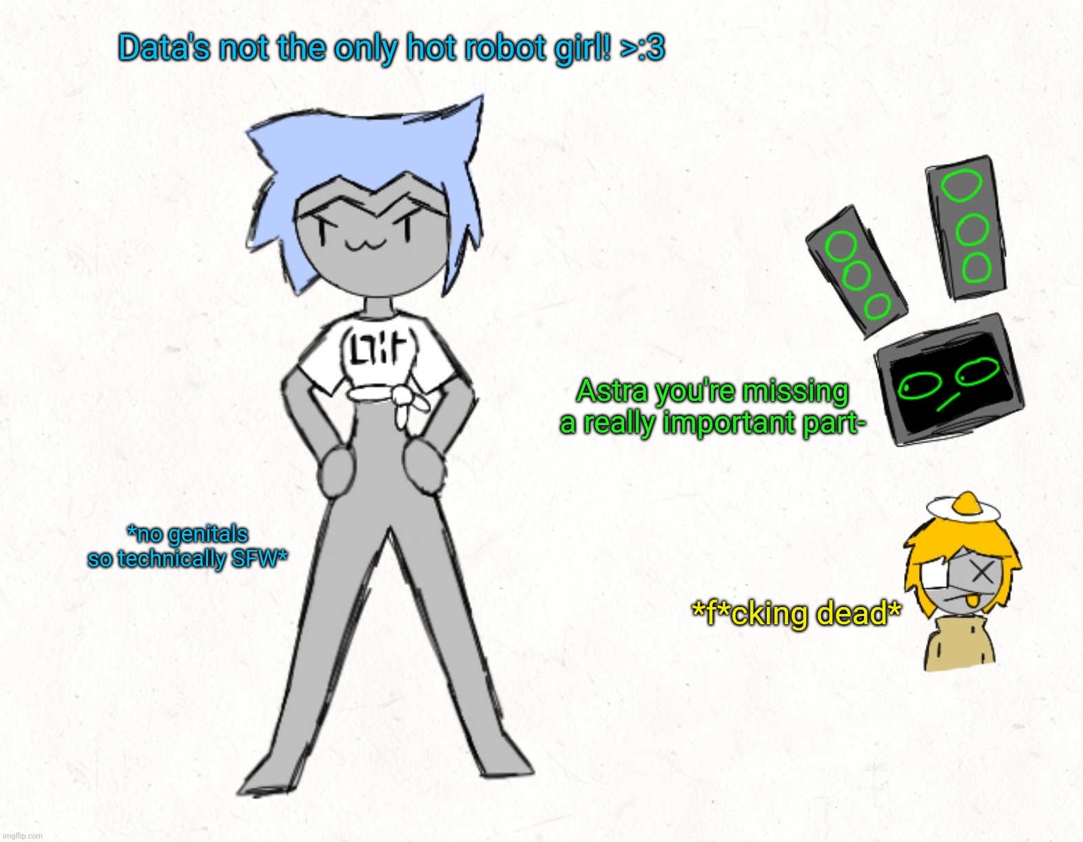 Astra was feeling neglected so she tried to copy data | Data's not the only hot robot girl! >:3; Astra you're missing a really important part-; *no genitals so technically SFW*; *f*cking dead* | image tagged in nsfw because woman | made w/ Imgflip meme maker