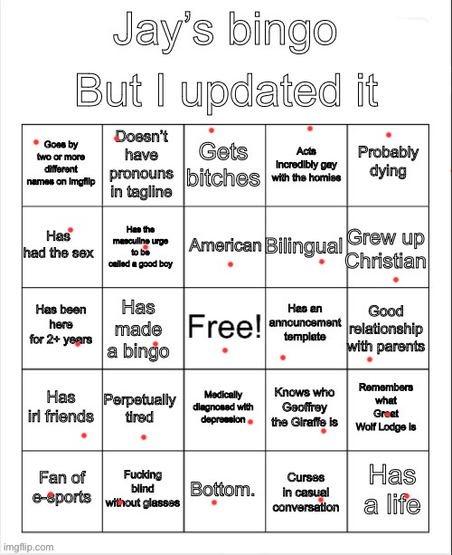 Idk if I get bitches because I currently only have the one | image tagged in jay s bingo | made w/ Imgflip meme maker