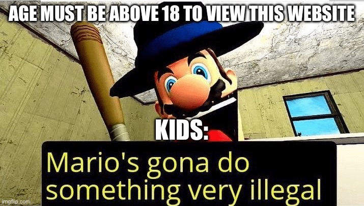Don’t lie bout your age, kids | AGE MUST BE ABOVE 18 TO VIEW THIS WEBSITE; KIDS: | image tagged in mario s gonna do something very illegal | made w/ Imgflip meme maker