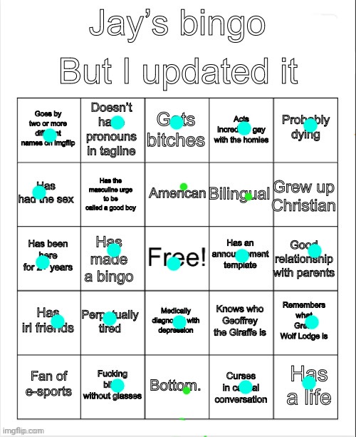 Why the hell not (blue = yea green= kinda??) | image tagged in jay s bingo | made w/ Imgflip meme maker