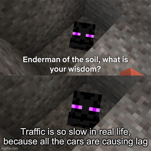 You know how we’re living in a video game? | Traffic is so slow in real life, because all the cars are causing lag | image tagged in enderman of the soil,gaming | made w/ Imgflip meme maker