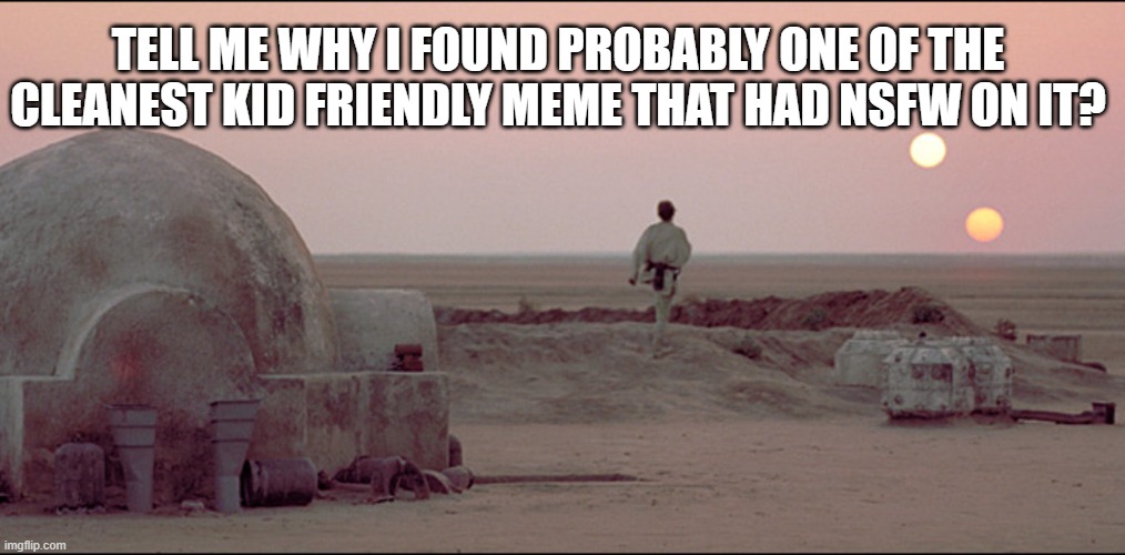 why???? | TELL ME WHY I FOUND PROBABLY ONE OF THE CLEANEST KID FRIENDLY MEME THAT HAD NSFW ON IT? | image tagged in luke skywalker two moons | made w/ Imgflip meme maker