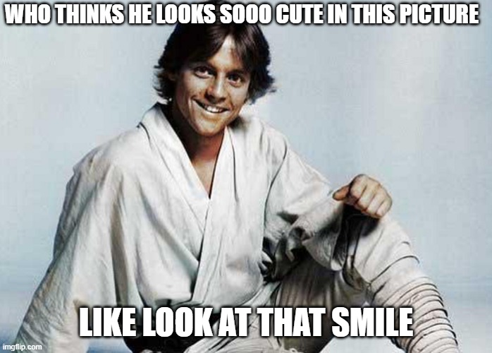 Luke Skywalker | WHO THINKS HE LOOKS SOOO CUTE IN THIS PICTURE; LIKE LOOK AT THAT SMILE | made w/ Imgflip meme maker