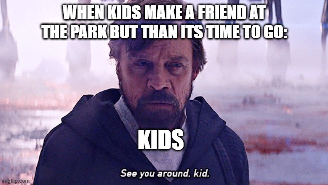 luke skywalker | WHEN KIDS MAKE A FRIEND AT THE PARK BUT THAN ITS TIME TO GO:; KIDS | image tagged in luke skywalker | made w/ Imgflip meme maker