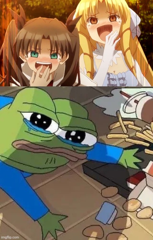 Pepe villian arc | image tagged in anime girls laughing at pepe | made w/ Imgflip meme maker