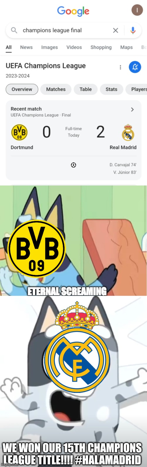 I wish Borussia won the Champions League this year (btw I'm a Real Madrid fan) | WE WON OUR 15TH CHAMPIONS LEAGUE TITLE!!!! #HALAMADRID | image tagged in memes,champions league,bluey,soccer,real madrid,borussia dortmund | made w/ Imgflip meme maker