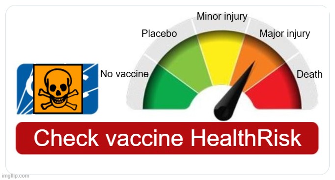 Check vaccine Health Risk meter | Minor injury; Major injury; Placebo; No vaccine; Death; Check vaccine HealthRisk | image tagged in vaccines,vaccine,vaccination,covid vaccine,vaccinations,bill gates loves vaccines | made w/ Imgflip meme maker