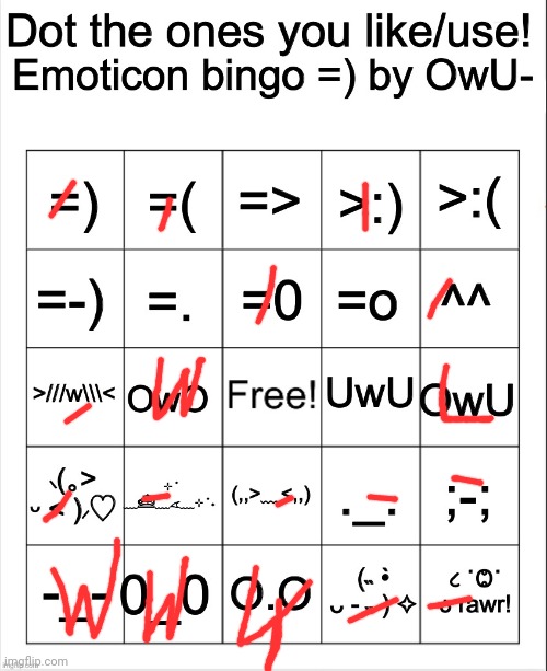 Bro forgor to make it a template | image tagged in dot the ones you like/use emoticons bingo by owu | made w/ Imgflip meme maker