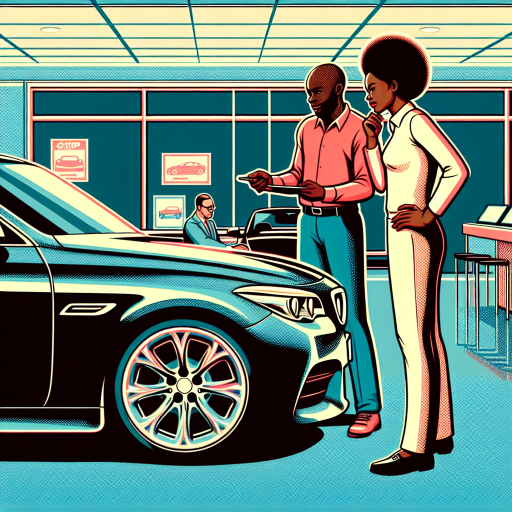 african man standing with his wife, buying a car at a car sale s Blank Meme Template