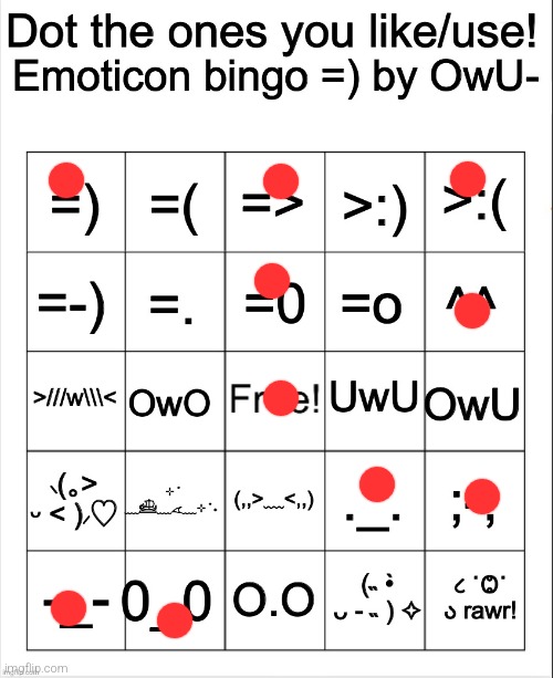 I love Kaomojis ^^ | image tagged in dot the ones you like/use emoticons bingo by owu | made w/ Imgflip meme maker
