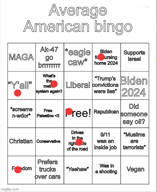 Fuck Palestine and fuck Israel, they both are retarded | image tagged in average american bingo | made w/ Imgflip meme maker