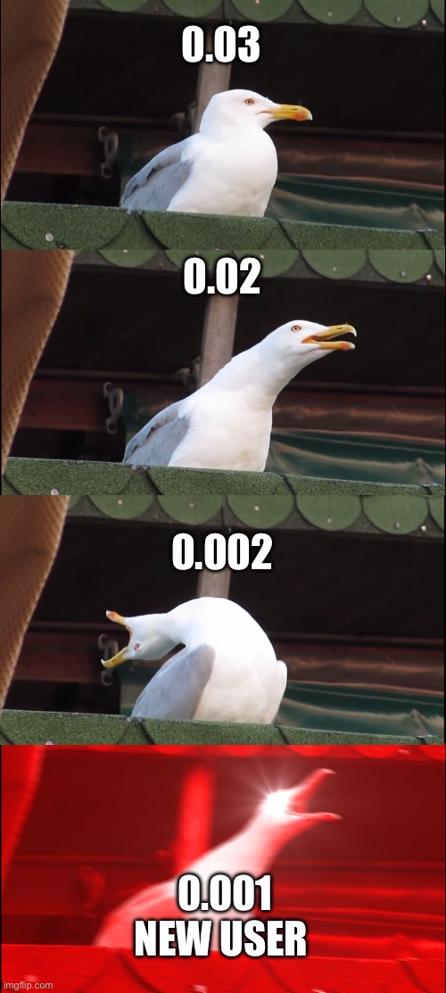 Inhaling Seagull | 0.03; 0.02; 0.002; 0.001 NEW USER | image tagged in memes,inhaling seagull | made w/ Imgflip meme maker