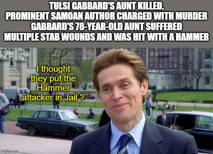 Thats very Odd Trumps potential VPs aunt gets murdered very odd. | TULSI GABBARD'S AUNT KILLED, PROMINENT SAMOAN AUTHOR CHARGED WITH MURDER
GABBARD'S 78-YEAR-OLD AUNT SUFFERED MULTIPLE STAB WOUNDS AND WAS HIT WITH A HAMMER; I thought they put the Hammer attacker in Jail ? | image tagged in you know i'm something of a scientist myself | made w/ Imgflip meme maker