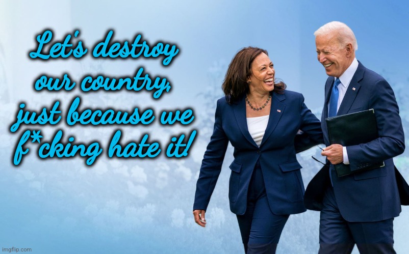 Biden and Harris | Let's destroy our country, just because we f*cking hate it! | image tagged in biden and harris,memes,democrats,destruction of america,insanity,hatred | made w/ Imgflip meme maker