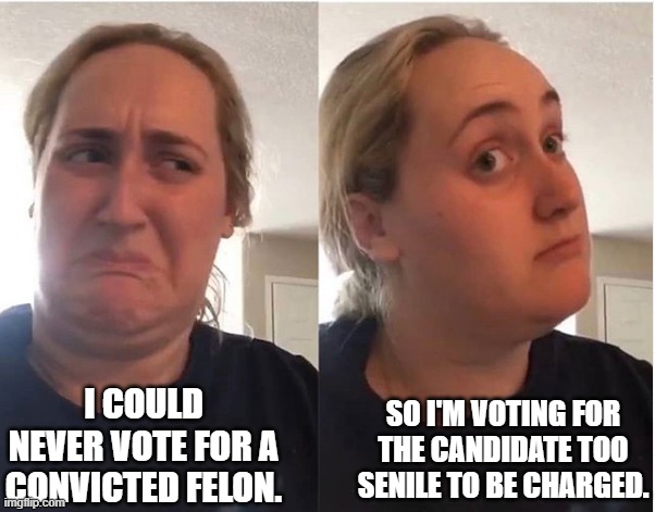 Too Senile | SO I'M VOTING FOR THE CANDIDATE TOO SENILE TO BE CHARGED. I COULD NEVER VOTE FOR A CONVICTED FELON. | image tagged in felon,senile,trump,biden,convict | made w/ Imgflip meme maker