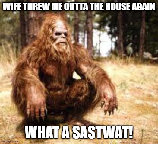 Bigfoot's Wife | WIFE THREW ME OUTTA THE HOUSE AGAIN; WHAT A SASTWAT! | image tagged in bigfoot | made w/ Imgflip meme maker