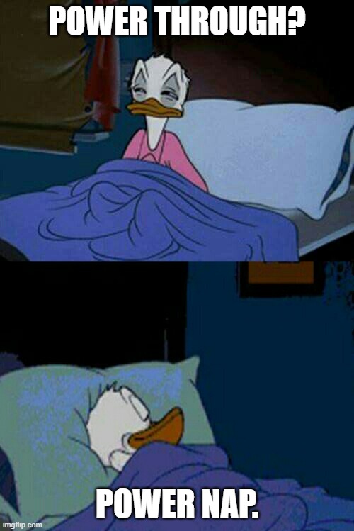 Power | POWER THROUGH? POWER NAP. | image tagged in sleepy donald duck in bed | made w/ Imgflip meme maker