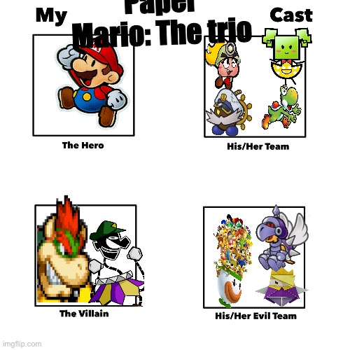 Paper Mario: the trio(Wii u) partners, villains | Paper Mario: The trio | image tagged in my videogame movie cast | made w/ Imgflip meme maker