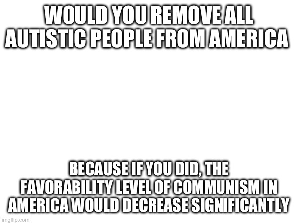 WOULD YOU REMOVE ALL AUTISTIC PEOPLE FROM AMERICA; BECAUSE IF YOU DID, THE FAVORABILITY LEVEL OF COMMUNISM IN AMERICA WOULD DECREASE SIGNIFICANTLY | made w/ Imgflip meme maker