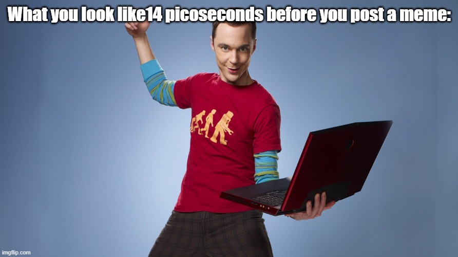 Sheldon laptop meme | What you look like14 picoseconds before you post a meme: | image tagged in sheldon laptop meme | made w/ Imgflip meme maker