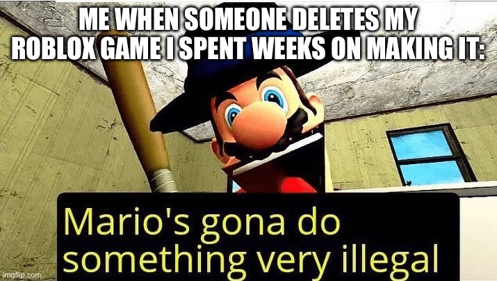 don’t raid Roblox games in development | ME WHEN SOMEONE DELETES MY ROBLOX GAME I SPENT WEEKS ON MAKING IT: | image tagged in mario s gonna do something very illegal | made w/ Imgflip meme maker