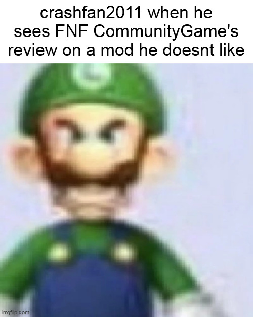 angry luigi | crashfan2011 when he sees FNF CommunityGame's review on a mod he doesnt like | image tagged in angry luigi | made w/ Imgflip meme maker