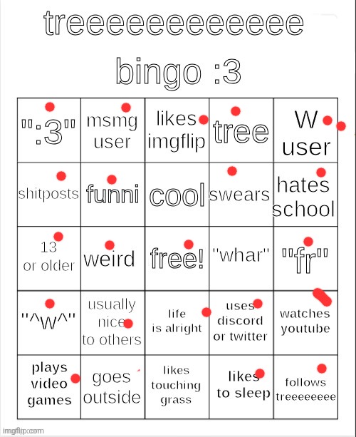 treeeeeeeeee bingo :3 | image tagged in treeeeeeeeee bingo 3 | made w/ Imgflip meme maker