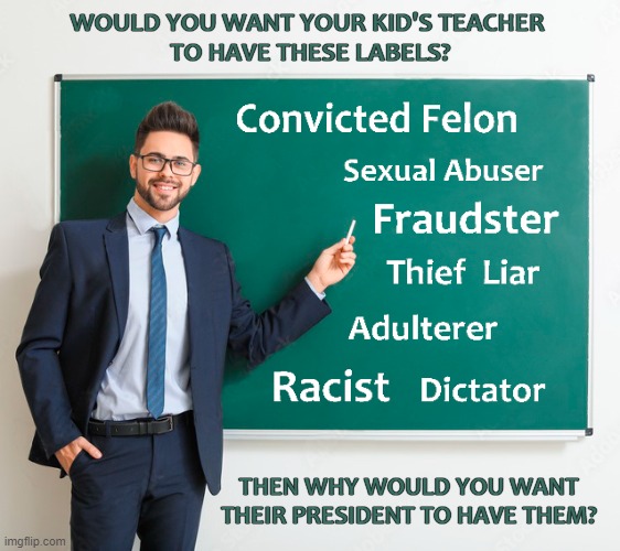 WOULD YOU WANT YOUR KID'S TEACHER
 TO HAVE THESE LABELS? THEN WHY WOULD YOU WANT
THEIR PRESIDENT TO HAVE THEM? | image tagged in donald trump,convicted felon,thief,liar,racist,sexual assault | made w/ Imgflip meme maker