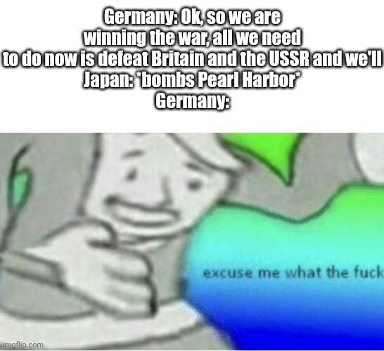 Excuse me wtf blank template | Germany: Ok, so we are winning the war, all we need to do now is defeat Britain and the USSR and we'll
Japan: *bombs Pearl Harbor*
Germany: | image tagged in excuse me wtf blank template | made w/ Imgflip meme maker
