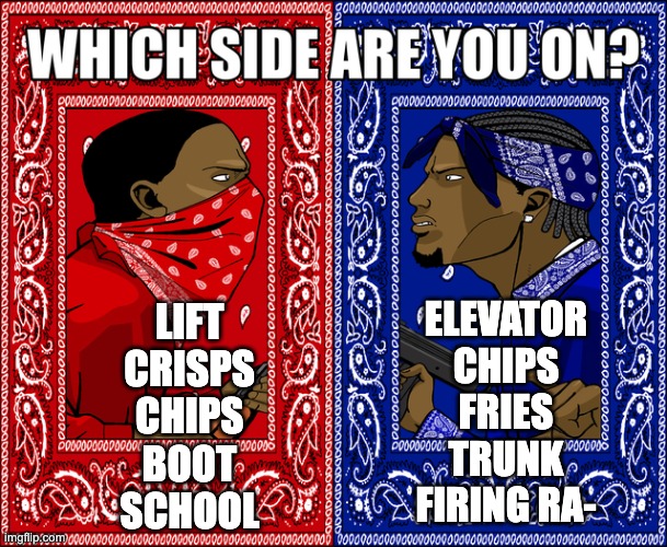 i'll let you guys decide this one.... | ELEVATOR
CHIPS
FRIES
TRUNK
FIRING RA-; LIFT
CRISPS
CHIPS
BOOT
SCHOOL | image tagged in which side are you on,british,'murica,offensive | made w/ Imgflip meme maker