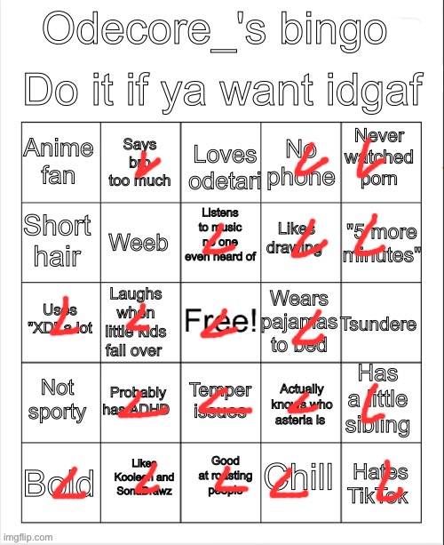 Odecore_ bingo | image tagged in odecore_ bingo | made w/ Imgflip meme maker