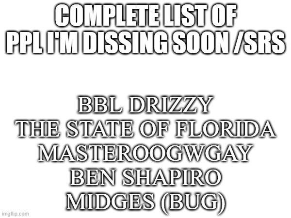 FR | COMPLETE LIST OF PPL I'M DISSING SOON /SRS; BBL DRIZZY
THE STATE OF FLORIDA
MASTEROOGWGAY
BEN SHAPIRO
MIDGES (BUG) | image tagged in rap,beef,drake | made w/ Imgflip meme maker