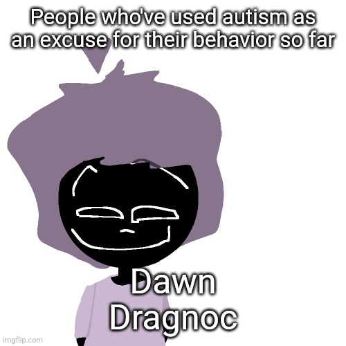 Grinning goober | People who've used autism as an excuse for their behavior so far; Dawn
Dragnoc | image tagged in grinning goober | made w/ Imgflip meme maker