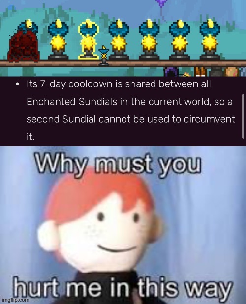 At least I didn’t go for 14 of them I guess | image tagged in enchanted sundial,terraria,fishing,i am in pain | made w/ Imgflip meme maker