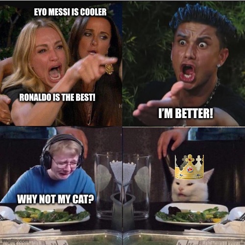 A very NORMAL family, right? | EYO MESSI IS COOLER; RONALDO IS THE BEST! I’M BETTER! WHY NOT MY CAT? | image tagged in four panel taylor armstrong pauly d callmecarson cat | made w/ Imgflip meme maker
