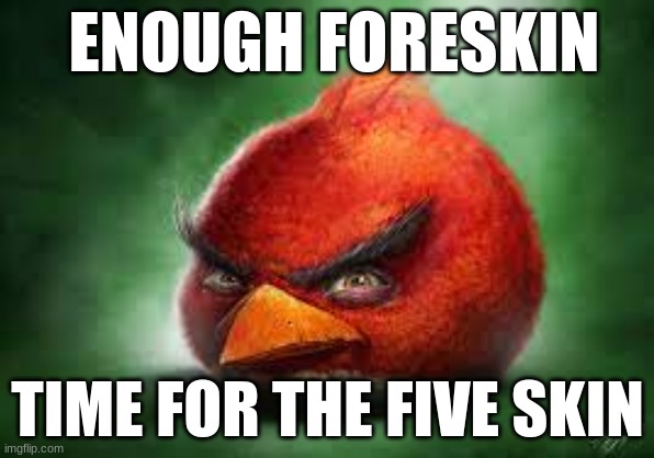 Realistic Red Angry Birds | ENOUGH FORESKIN; TIME FOR THE FIVE SKIN | image tagged in realistic red angry birds | made w/ Imgflip meme maker