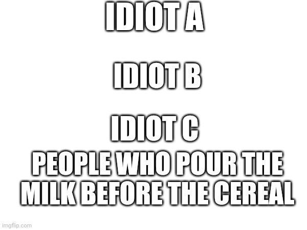 Top Idiots of the World | IDIOT A; IDIOT B; IDIOT C; PEOPLE WHO POUR THE MILK BEFORE THE CEREAL | image tagged in idiot | made w/ Imgflip meme maker
