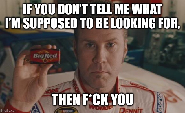 Ricky Bobby big red | IF YOU DON’T TELL ME WHAT I’M SUPPOSED TO BE LOOKING FOR, THEN F*CK YOU | image tagged in ricky bobby big red | made w/ Imgflip meme maker