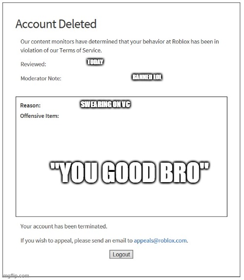 banned from ROBLOX | TODAY; BANNED LOL; SWEARING ON VC; "YOU GOOD BRO" | image tagged in banned from roblox | made w/ Imgflip meme maker