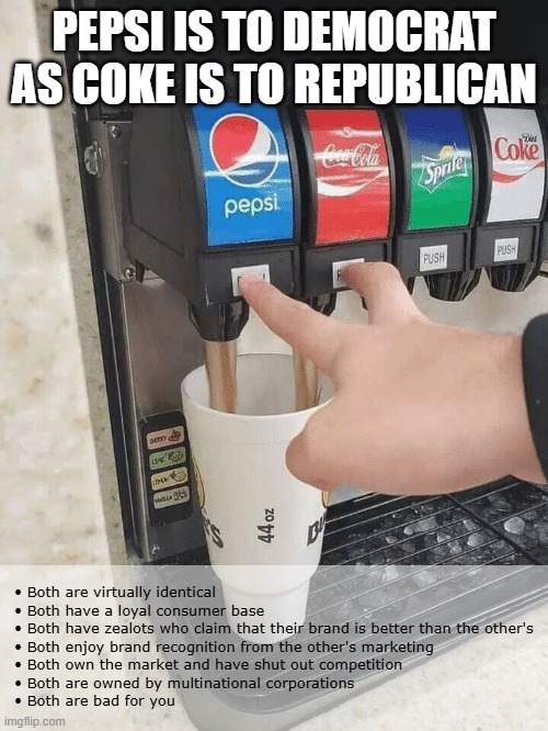 Coke Pepsi | PEPSI IS TO DEMOCRAT AS COKE IS TO REPUBLICAN; • Both are virtually identical
• Both have a loyal consumer base
• Both have zealots who claim that their brand is better than the other's
• Both enjoy brand recognition from the other's marketing
• Both own the market and have shut out competition
• Both are owned by multinational corporations
• Both are bad for you | image tagged in coke pepsi | made w/ Imgflip meme maker