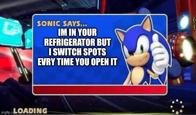 Sonic Says | IM IN YOUR REFRIGERATOR BUT I SWITCH SPOTS EVRY TIME YOU OPEN IT | image tagged in sonic says | made w/ Imgflip meme maker