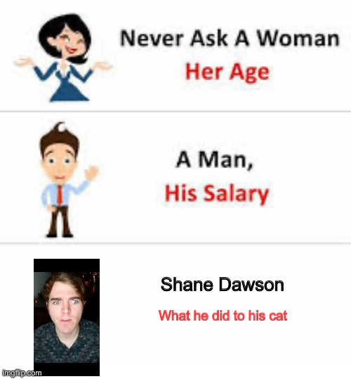 Never ask a woman her age | Shane Dawson; What he did to his cat | image tagged in never ask a woman her age | made w/ Imgflip meme maker