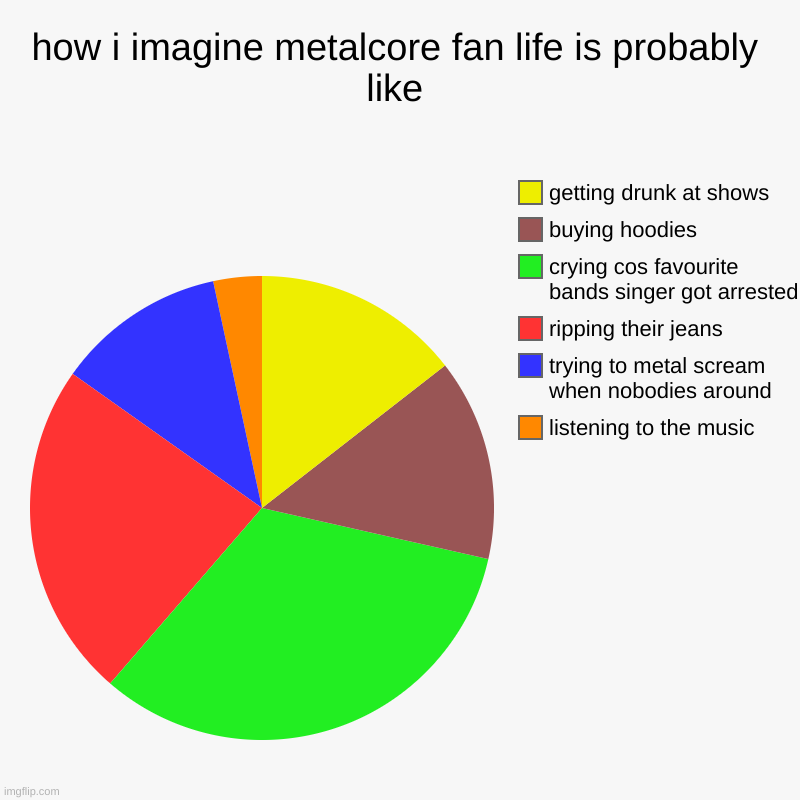 metalcore fan | how i imagine metalcore fan life is probably like | listening to the music, trying to metal scream when nobodies around, ripping their jeans | image tagged in charts,pie charts | made w/ Imgflip chart maker