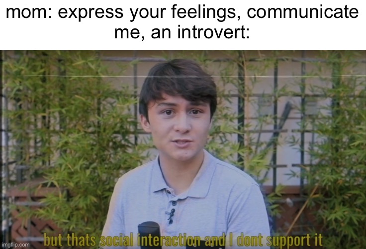 But thats social interaction and i dont support it | mom: express your feelings, communicate
me, an introvert: | image tagged in but thats social interaction and i dont support it | made w/ Imgflip meme maker