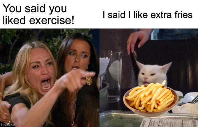 I like fries | You said you liked exercise! I said I like extra fries | image tagged in memes,woman yelling at cat,french fries,relatable,why are you reading the tags | made w/ Imgflip meme maker